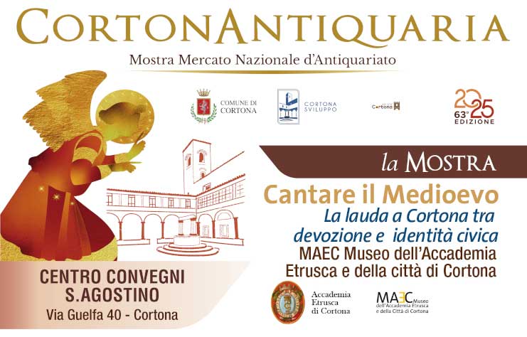 Banner dedicato a Cortonantiquaria 2025 e alla mostra del MAEC, intitolata Cantare il Medioevo