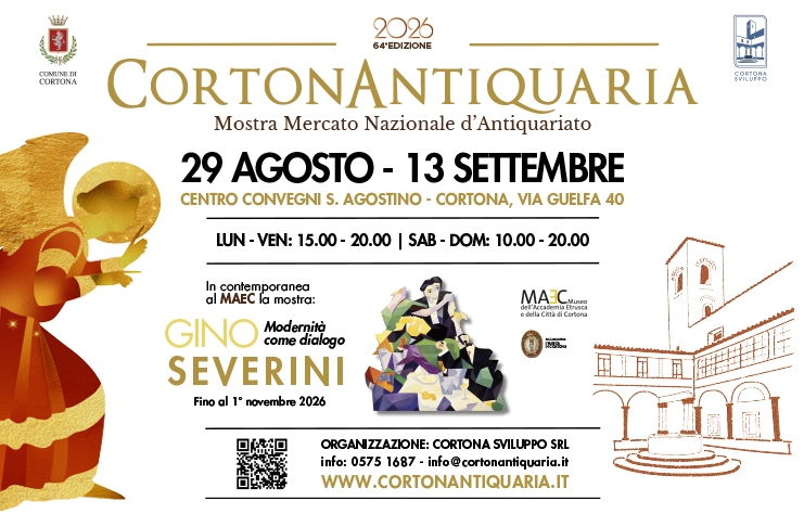 Banner dedicato a Cortonantiquaria 2026 e alla mostra del MAEC, intitolata Gino Severini - Modernità come dialogo