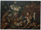 Di Giuseppe Lavagna (1684-1724), Natura viva e morta con fiori, frutti e ortaggi. Olio su tela, cm 102x135