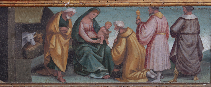 Nascita di Gesù e Adorazione dei Magi. Predella con Storie della Vergine, terzo pannello. Tempera su tavola di F. Signorelli (1527)